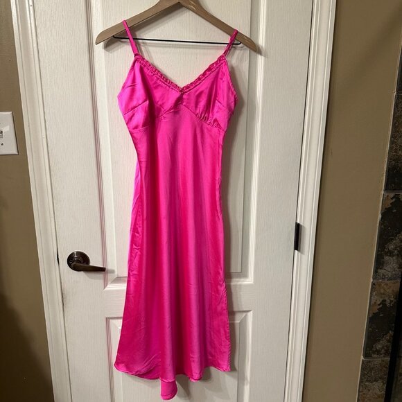 Japna Dresses & Skirts - Japna | Hot Pink Sleeveless Satin Midi Slip Dress Side Slit Barbie Small S